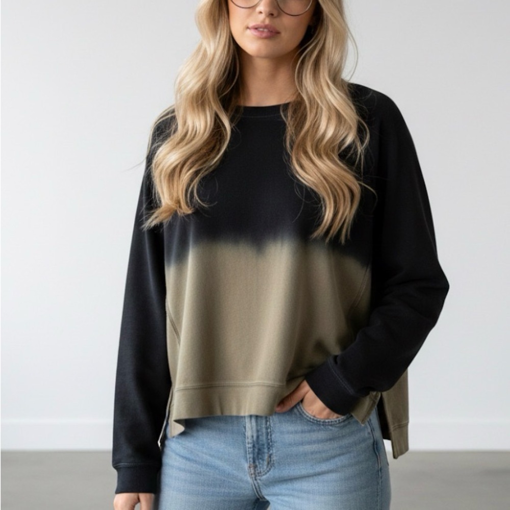 Free People Black Gray Double Dip Dye Oversized Boxy Sweatshirt Side Slits M